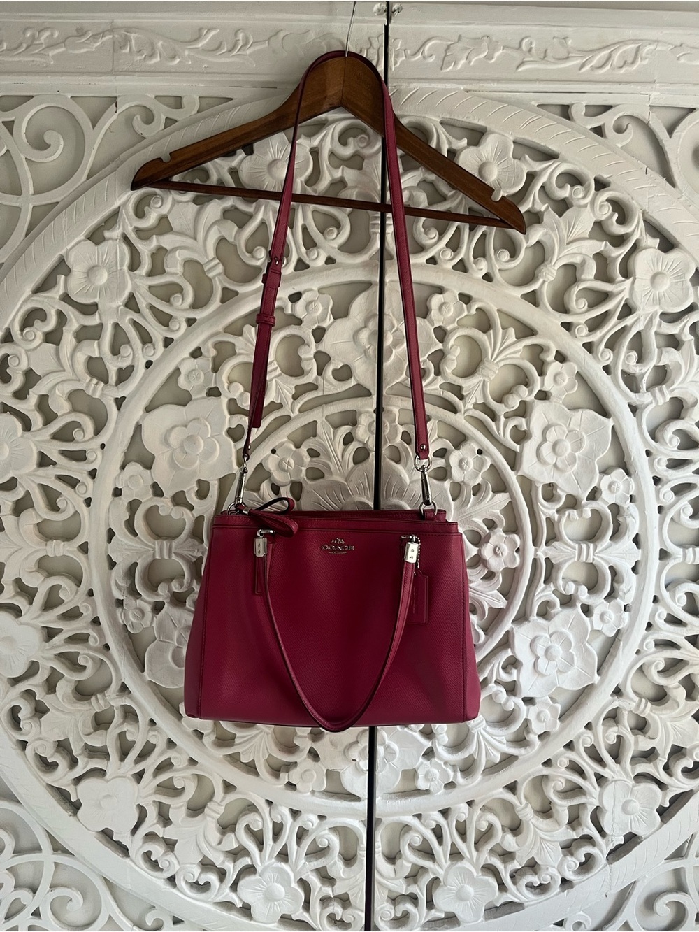 Coach Christie Pink Saffiano Leather Satchel Tote Crossbody Bag Double Zip Purse